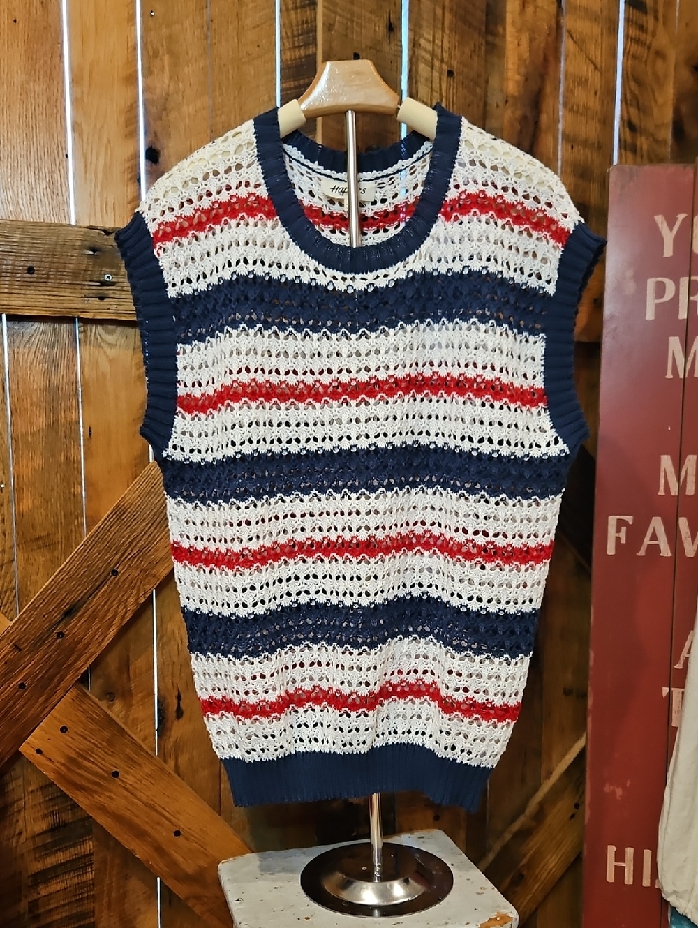 378 Sleeveless Open-Knit Stripe Sweater Vest - Navy, White & Red